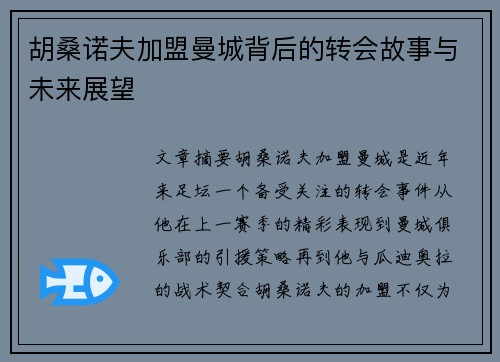 胡桑诺夫加盟曼城背后的转会故事与未来展望 胡桑诺夫加盟曼城背后的转会故事与未来展望